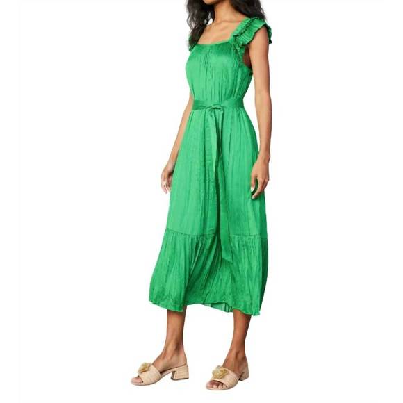 NEW CURRENT AIR crinkled ruffled shoulder midi dress in emerald green - Picture 2 of 4